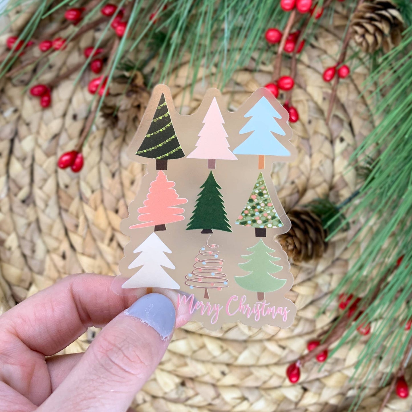 Christmas Trees Merry Christmas Clear Vinyl Sticker 3x3 in.