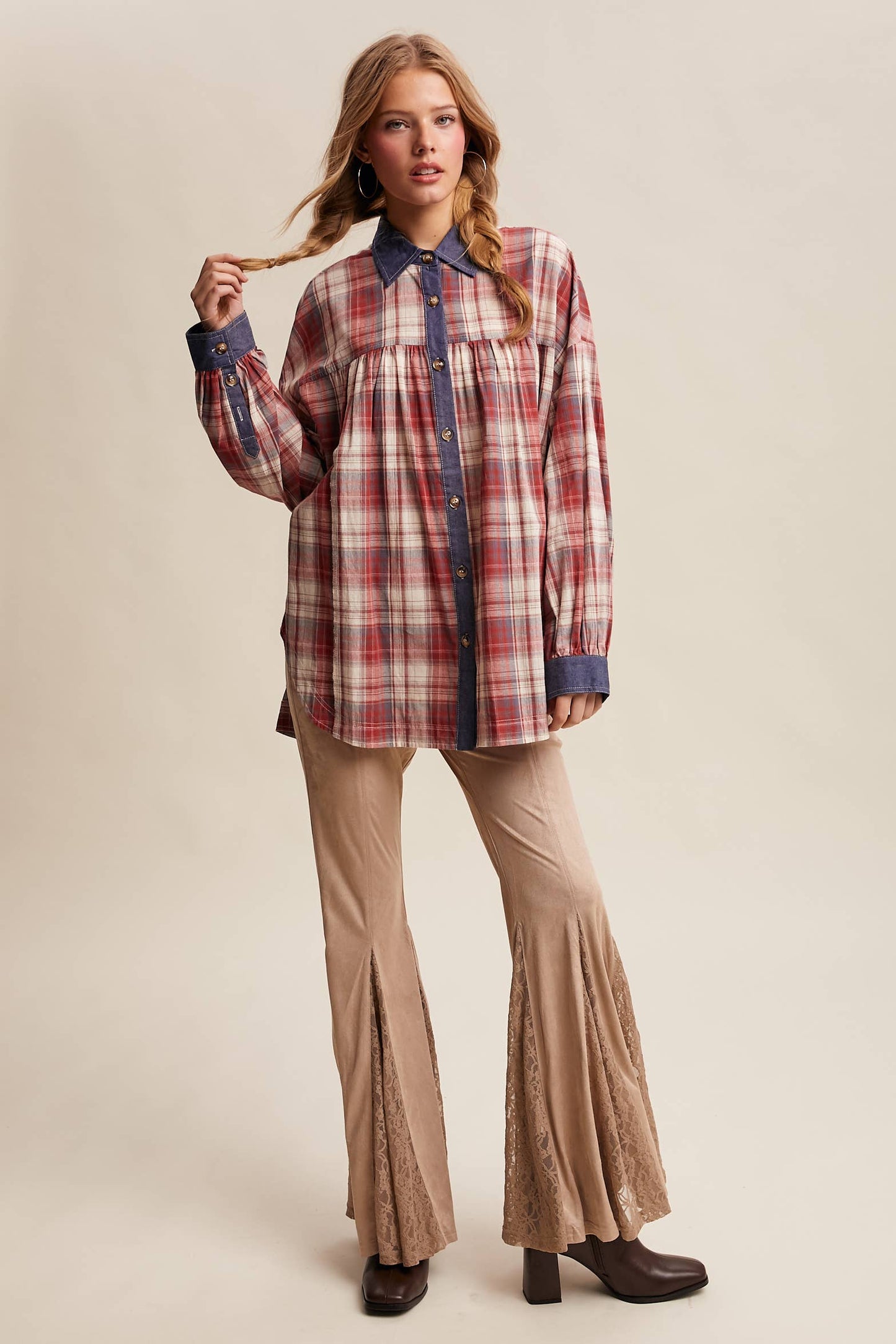 Mixed Plaid Oversized Button-Down Shirt LJ0205