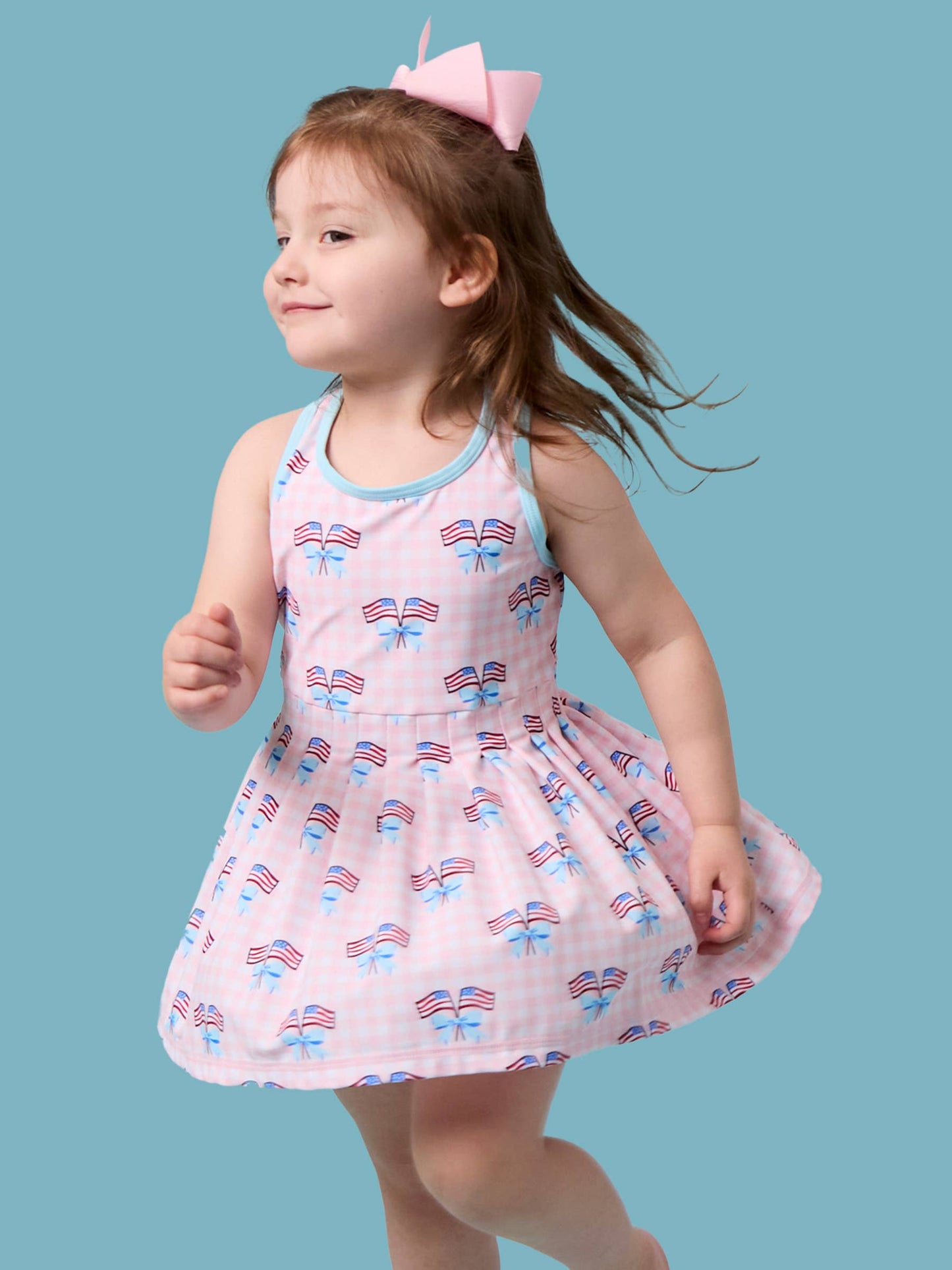 Girls Pink Patriotic Gingham Pleated Skirt Active Dress & Bike Short Set