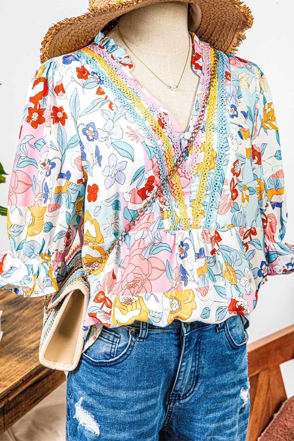 Fashion-W Boho Flower Print Half Puff Sleeve Blouse