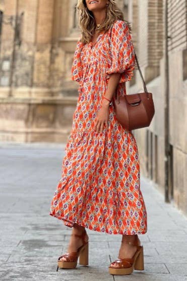 Bohemia Floral Balloon Sleeves loose flare swing dress