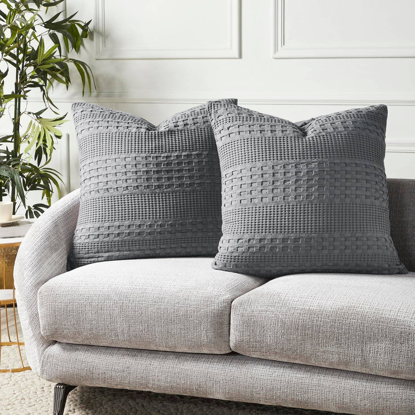 VHC Brands Waffle Weave Dark Gray Pillow Cover Set (2-Pack) 24x24 - Decorative Throw Pillow Covers for Farmhouse Boho Bedroom & Living Room Decor