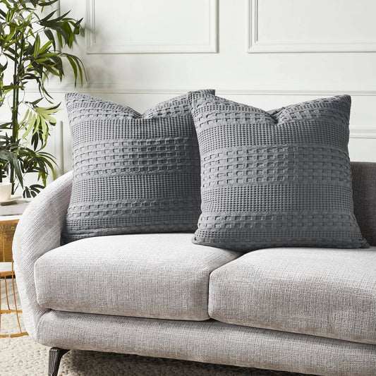 VHC Brands Waffle Weave Dark Gray Pillow Cover Set (2-Pack) 24x24 - Decorative Throw Pillow Covers for Farmhouse Boho Bedroom & Living Room Decor