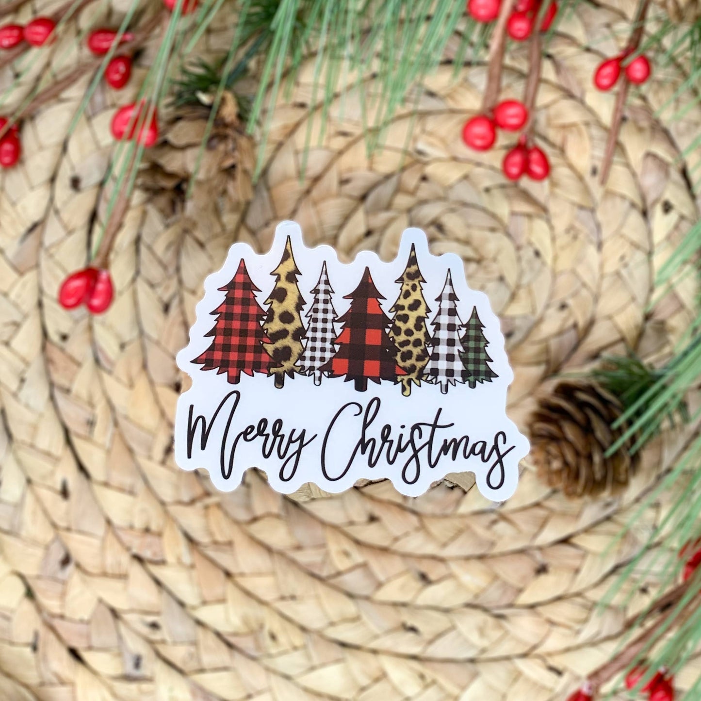 Merry Christmas, Plaid Trees Clear Vinyl Sticker 3x3 in.