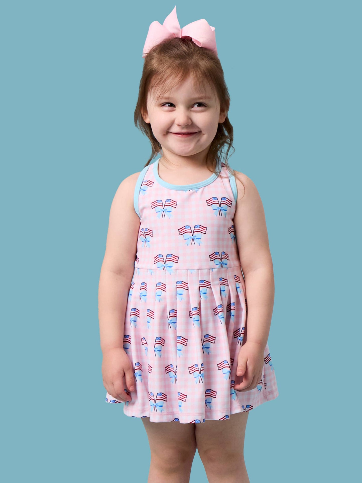 Girls Pink Patriotic Gingham Pleated Skirt Active Dress & Bike Short Set