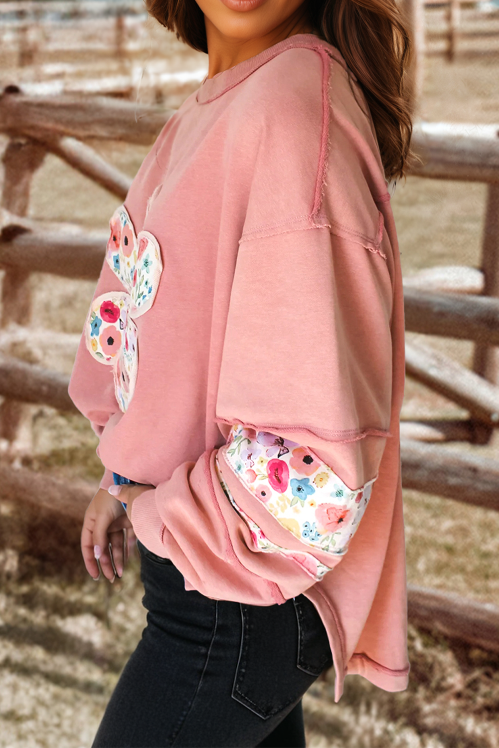 Flower Applique Patch Drop Sleeve Pullover Sweatshirt