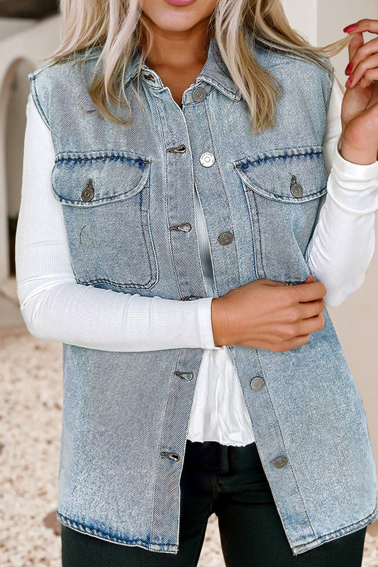 LDC Denim Flap Pocket Curved Hem Shirt Vest