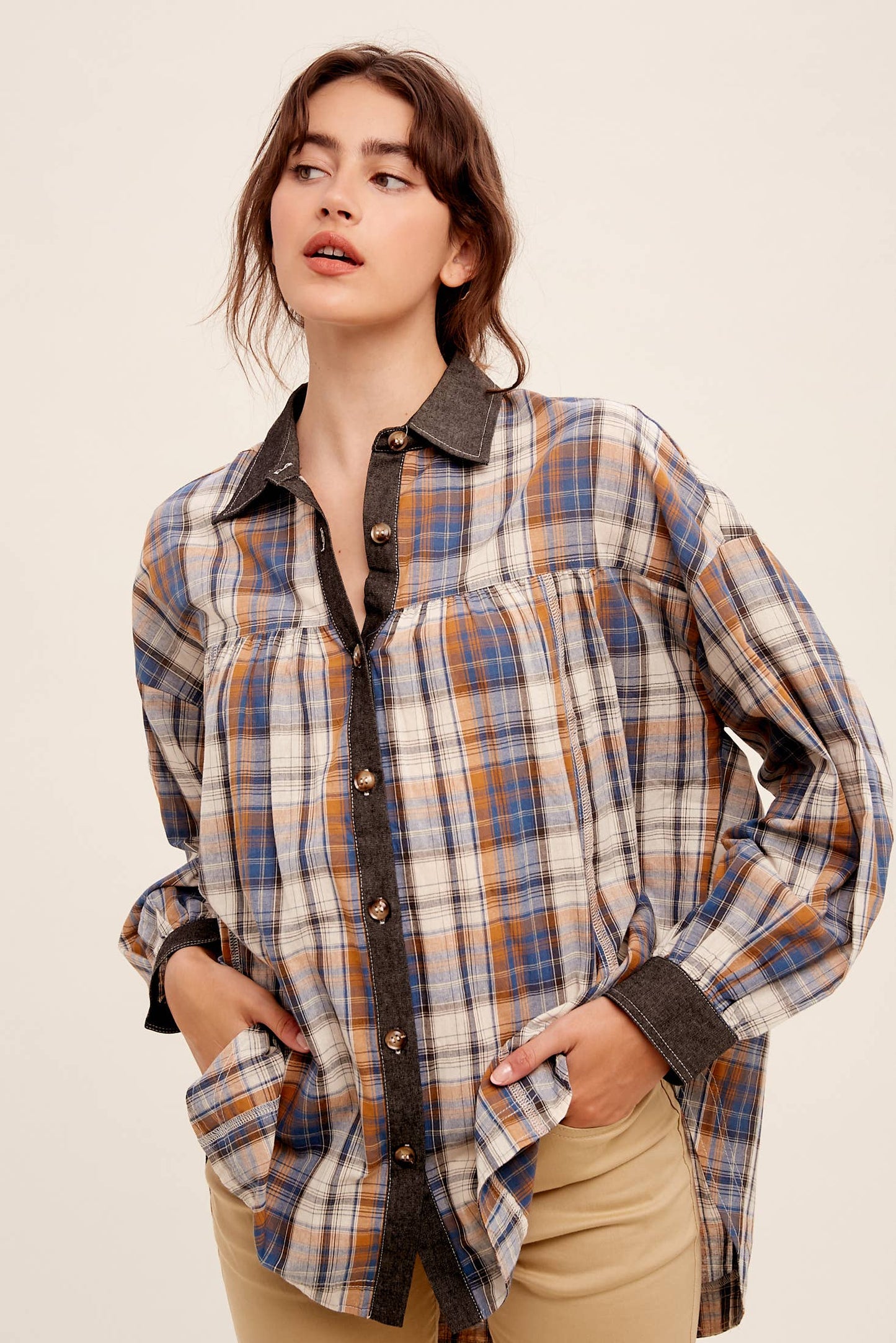 Mixed Plaid Oversized Button-Down Shirt LJ0205