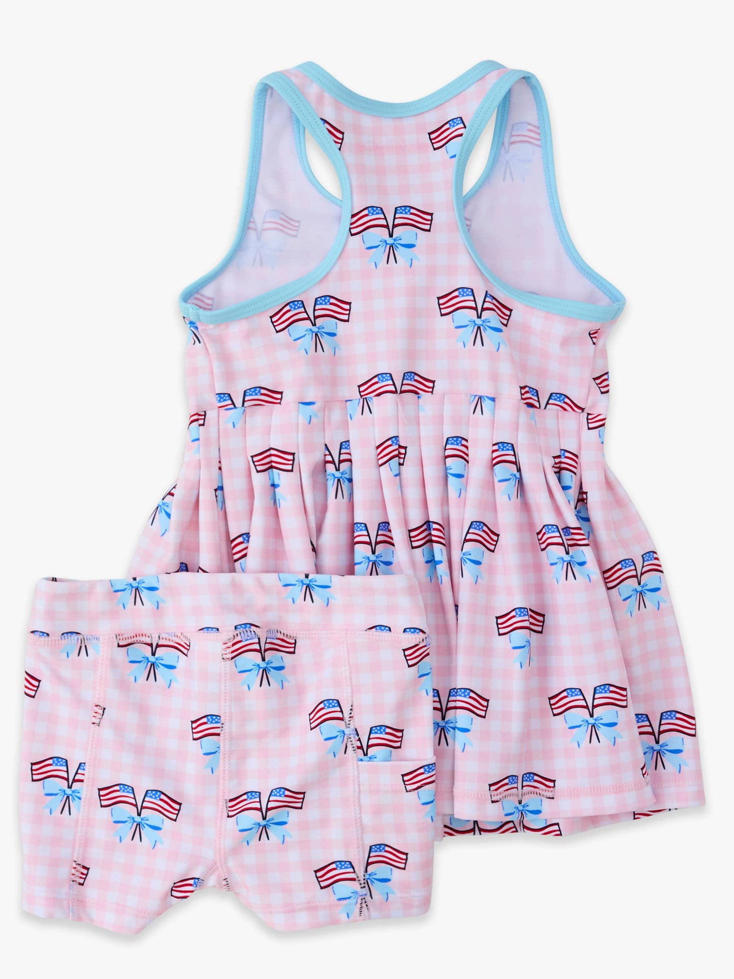 Girls Pink Patriotic Gingham Pleated Skirt Active Dress & Bike Short Set