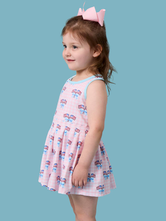 Girls Pink Patriotic Gingham Pleated Skirt Active Dress & Bike Short Set