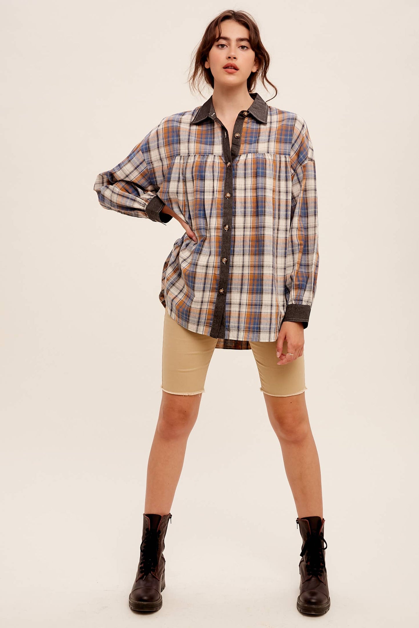 Mixed Plaid Oversized Button-Down Shirt LJ0205