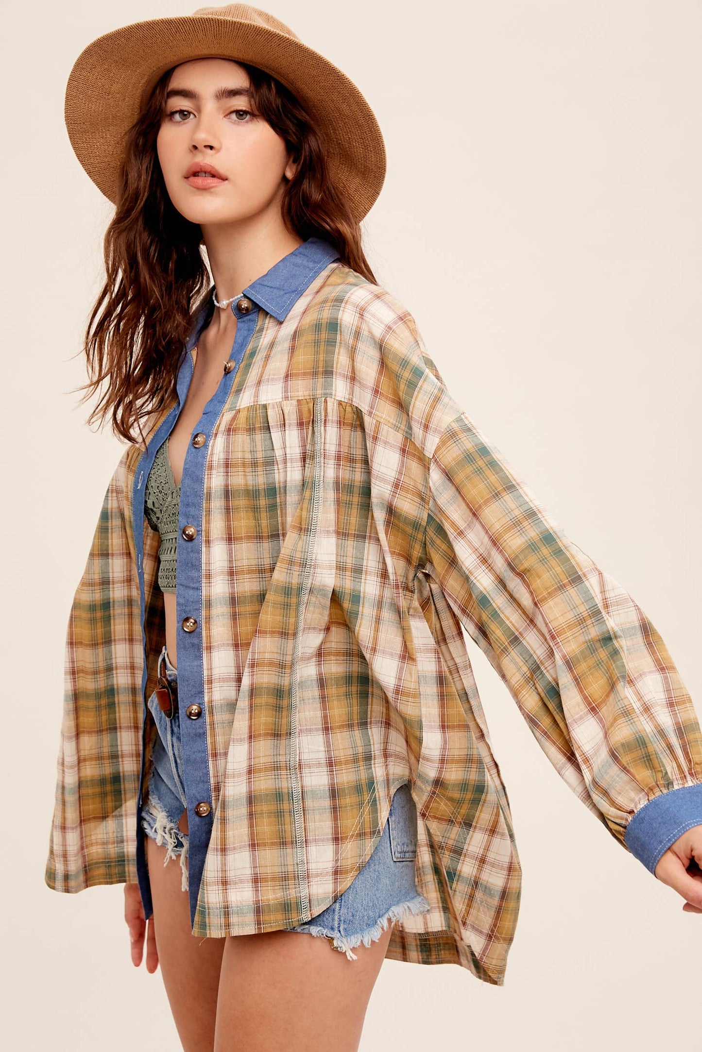 Mixed Plaid Oversized Button-Down Shirt LJ0205