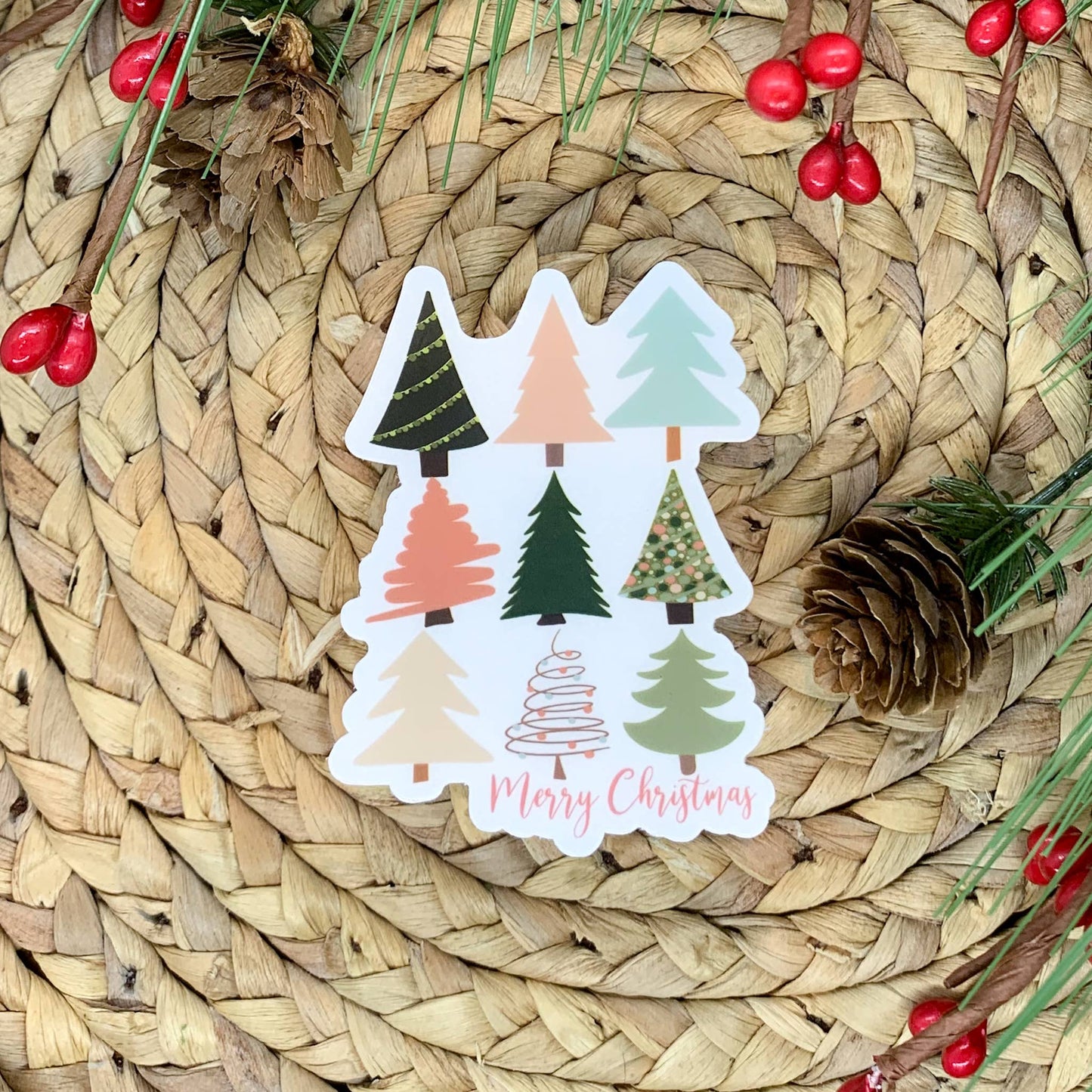 Christmas Trees Merry Christmas Clear Vinyl Sticker 3x3 in.