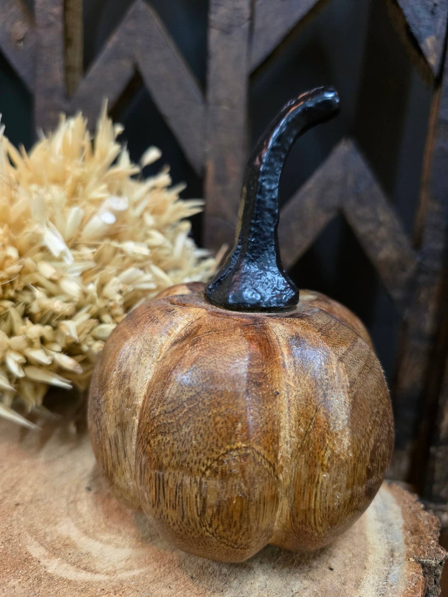 Small Round Wooden Pumpkin 4x3.5x3.5in