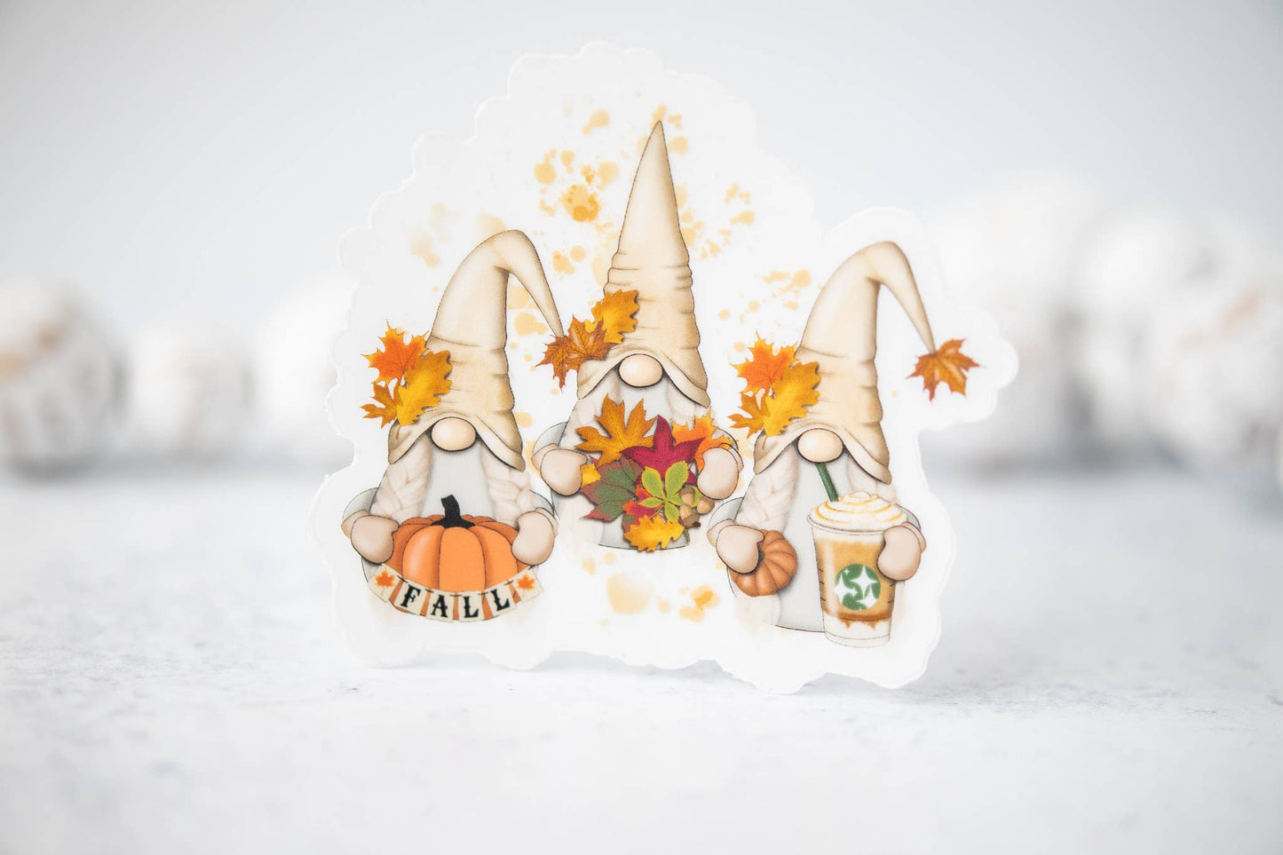 Fall Gnomes, Clear Vinyl Sticker, 3x3 inch