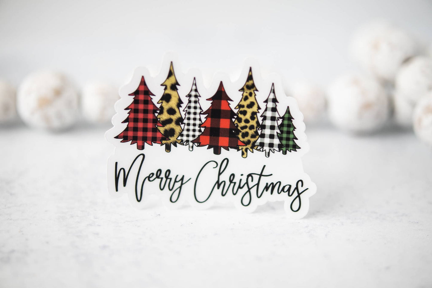Merry Christmas, Plaid Trees Clear Vinyl Sticker 3x3 in.
