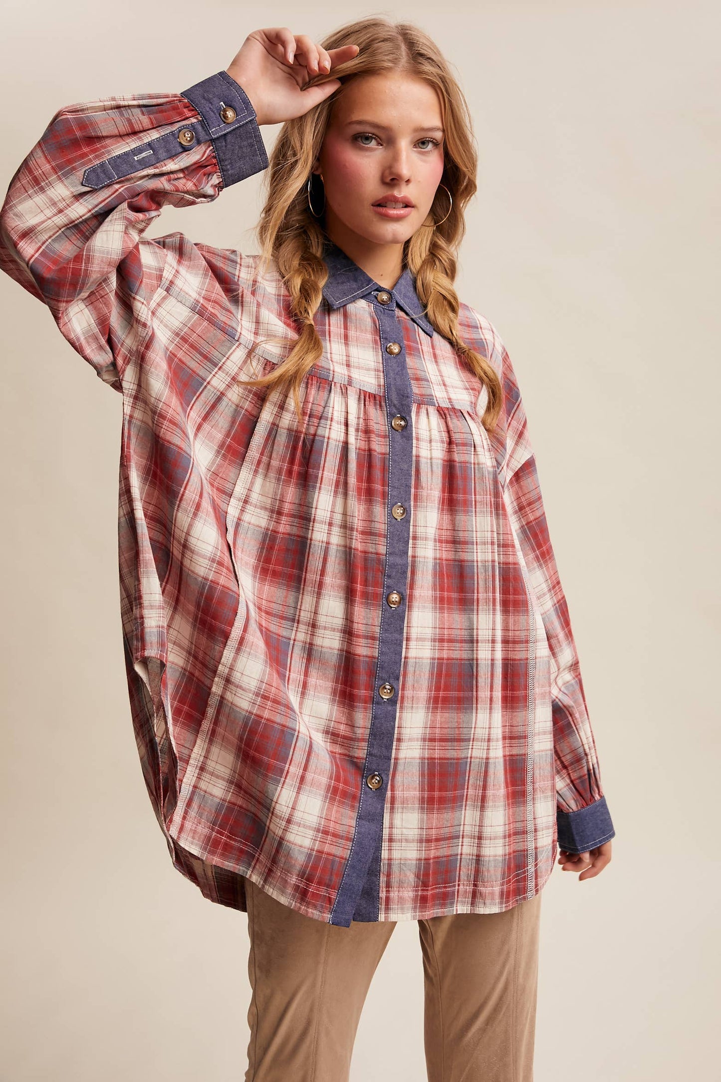 Mixed Plaid Oversized Button-Down Shirt LJ0205