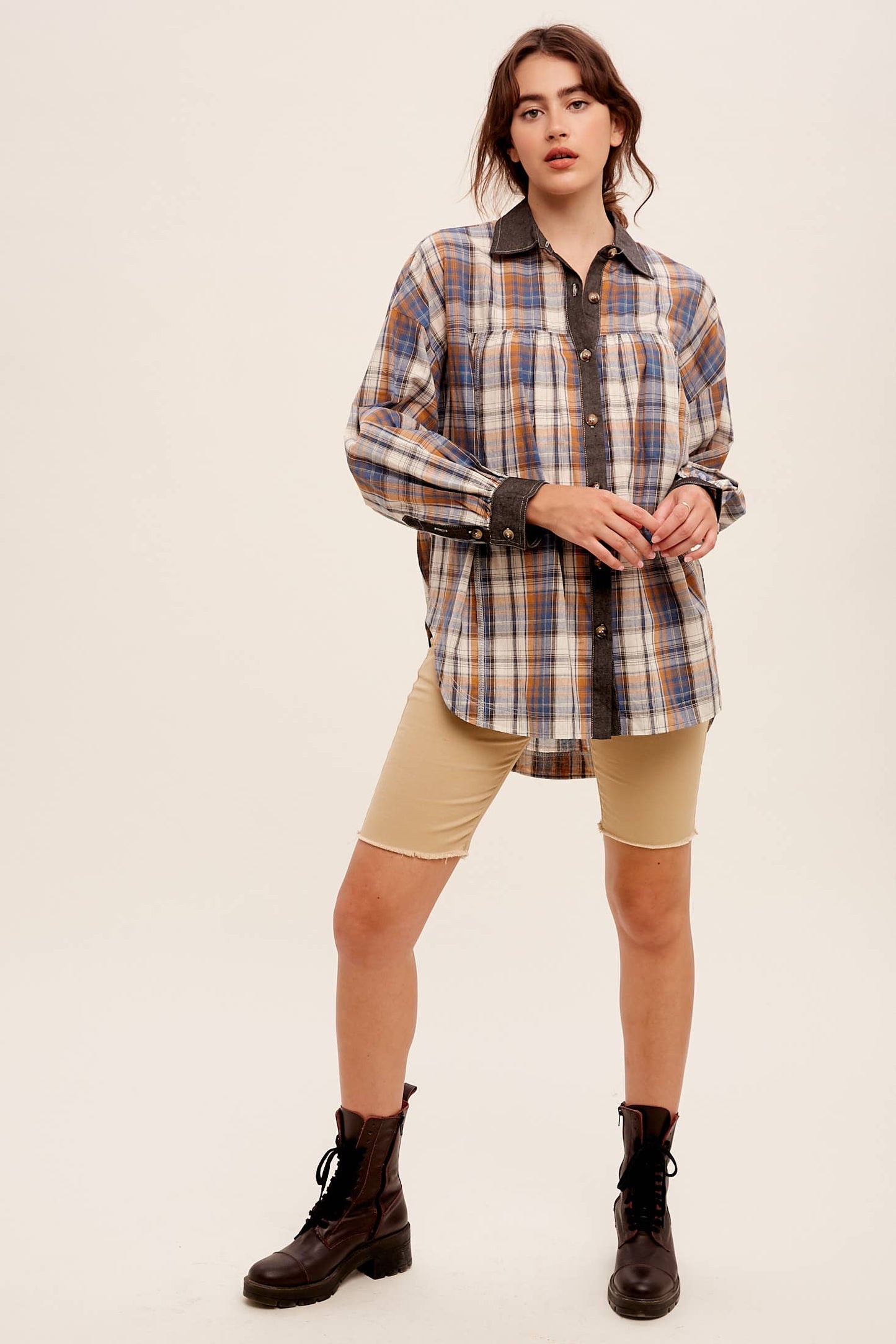 Mixed Plaid Oversized Button-Down Shirt LJ0205