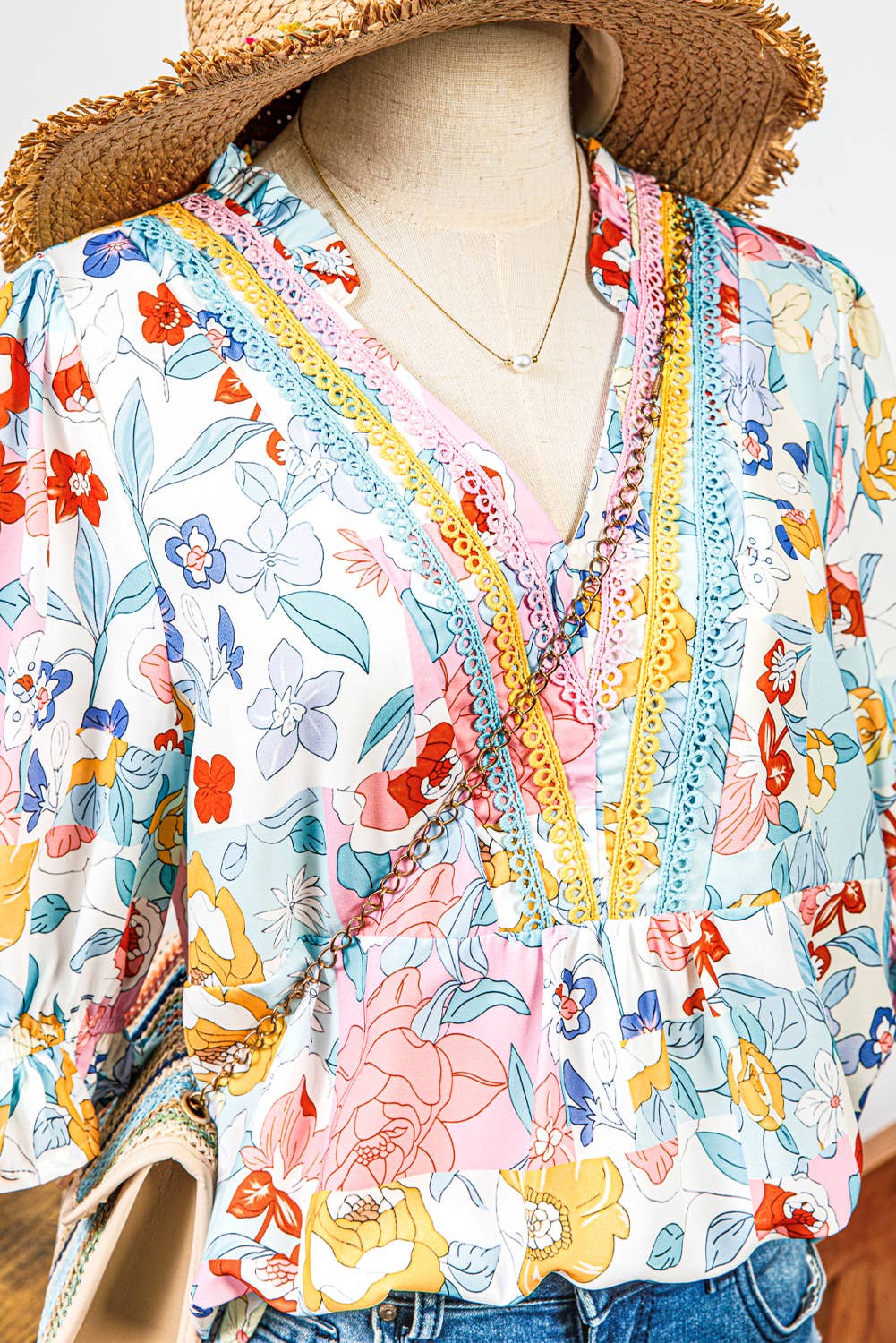 Fashion-W Boho Flower Print Half Puff Sleeve Blouse