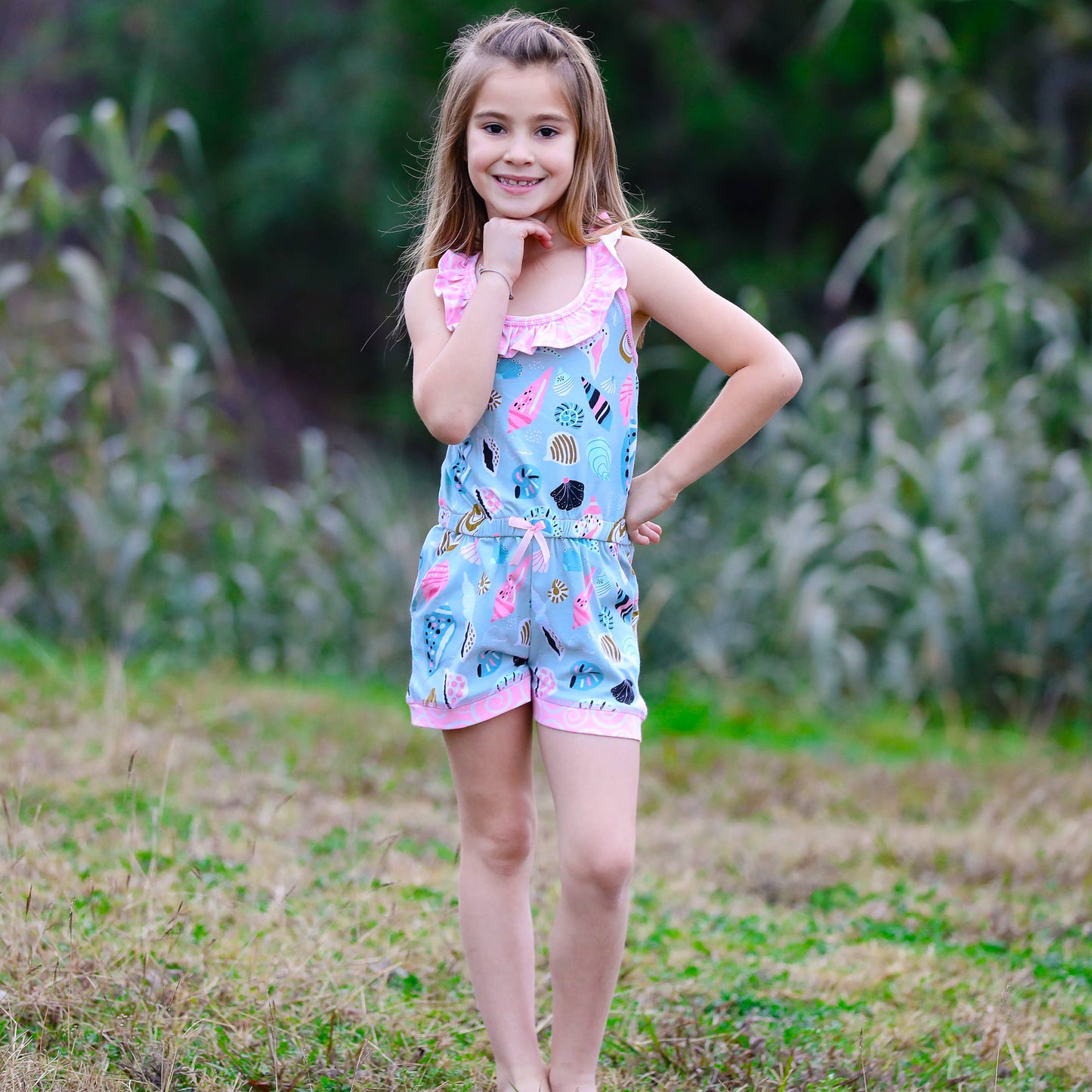 Girls Pink Sea Shells Beach Jumpsuit Summer Shorts Romper
