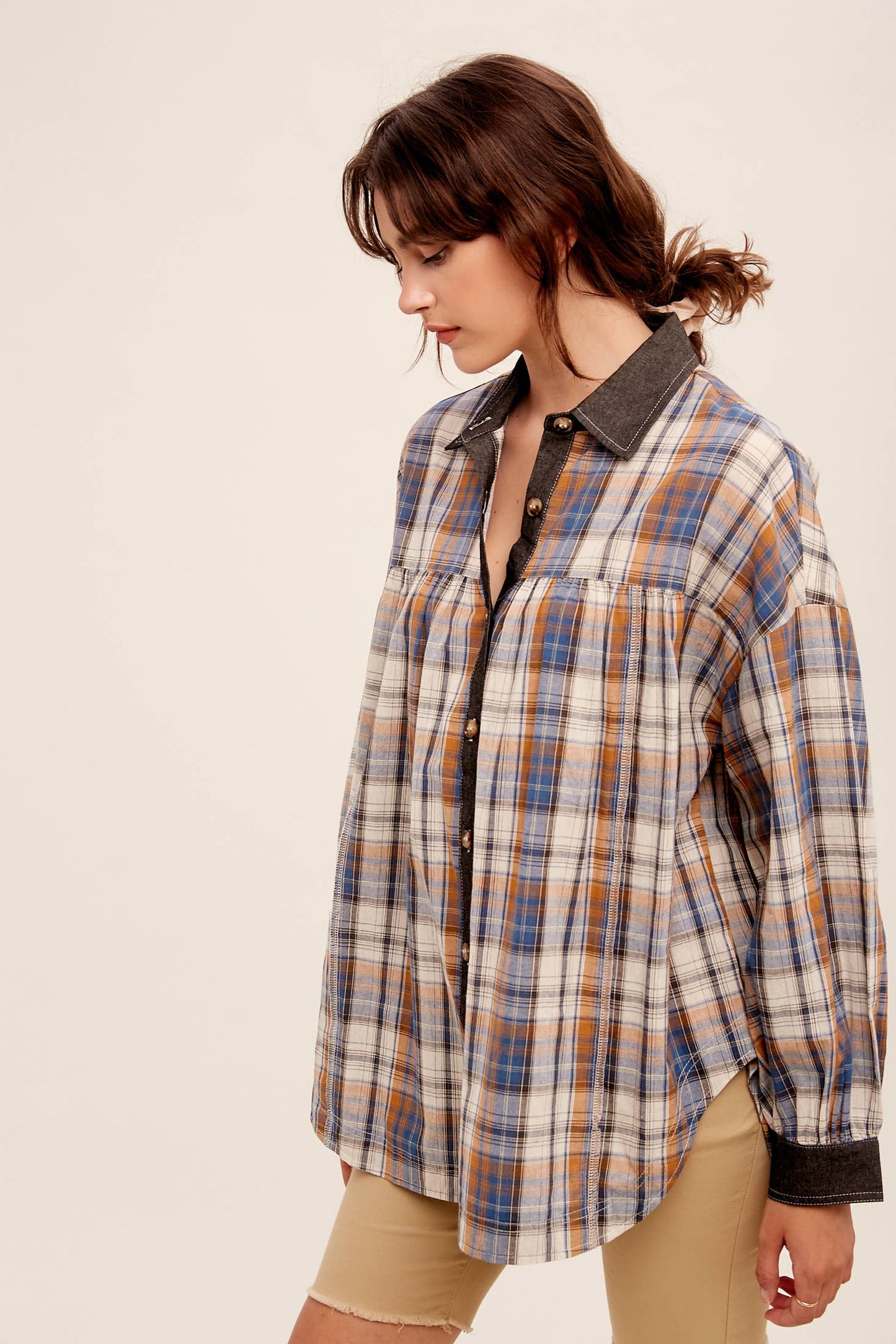 Mixed Plaid Oversized Button-Down Shirt LJ0205