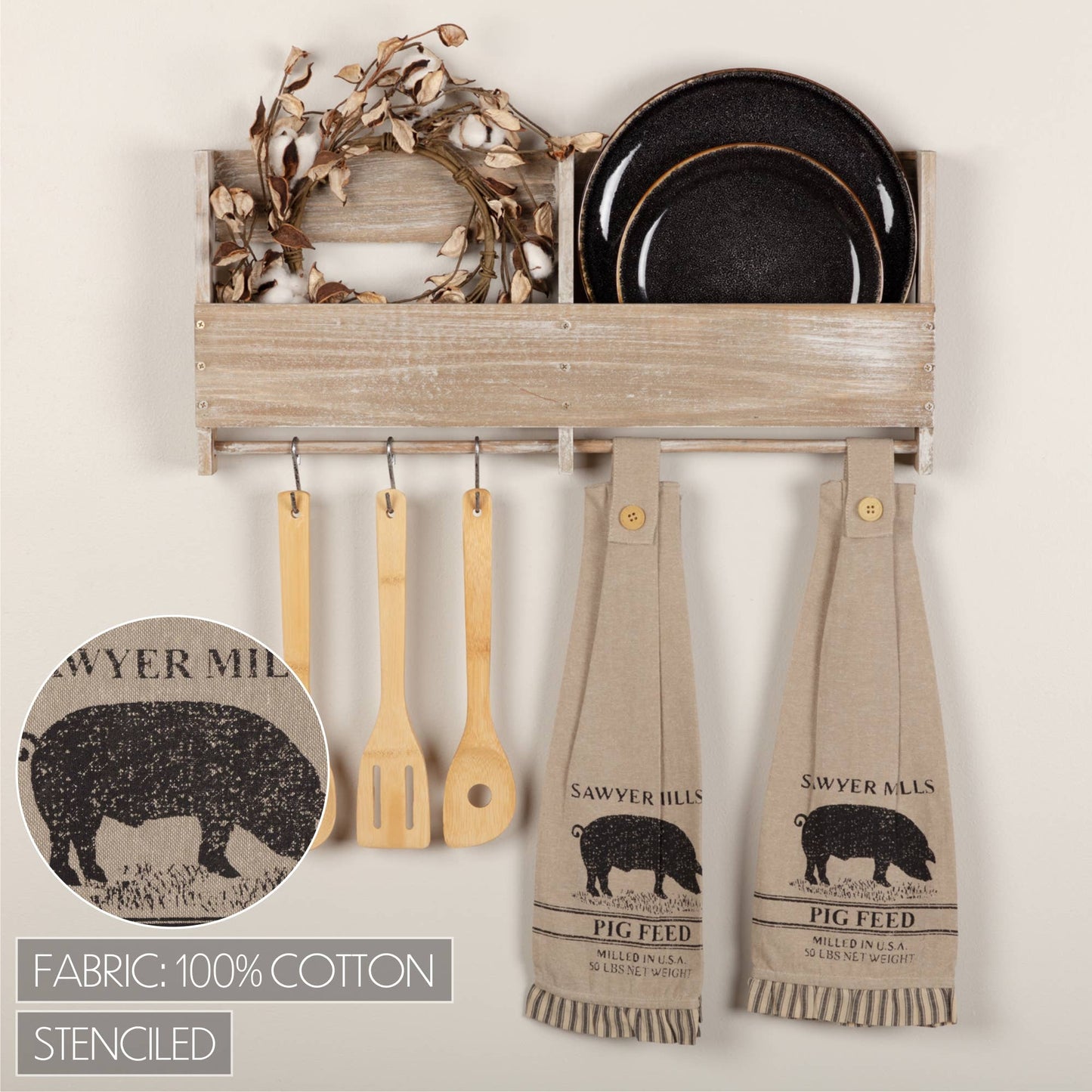 Sawyer Mill Charcoal Pig Button Loop Tea Towel Set of 2