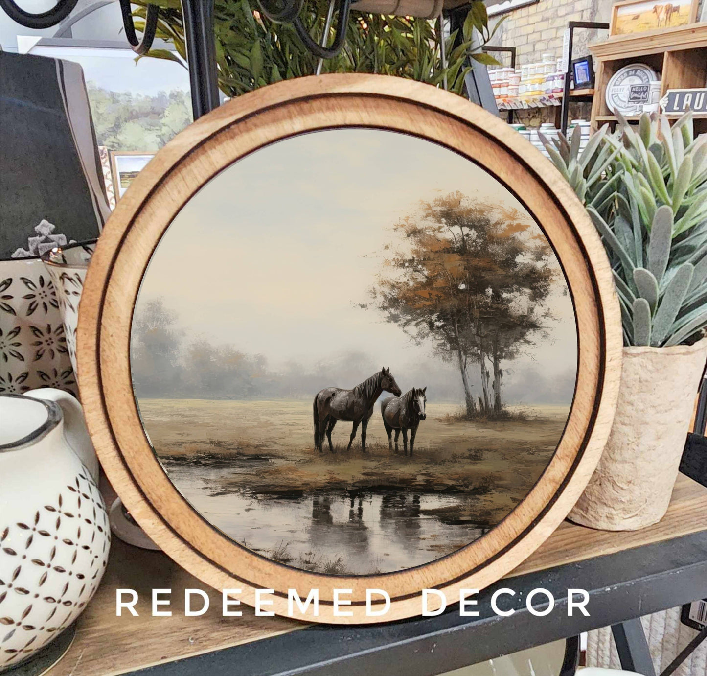 8" Round Pasture Horses Art