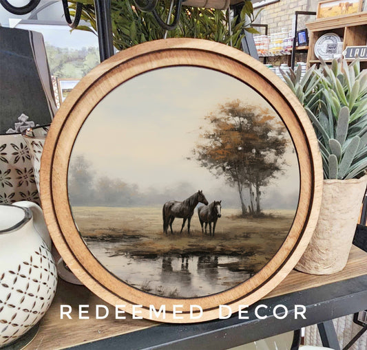 8" Round Pasture Horses Art
