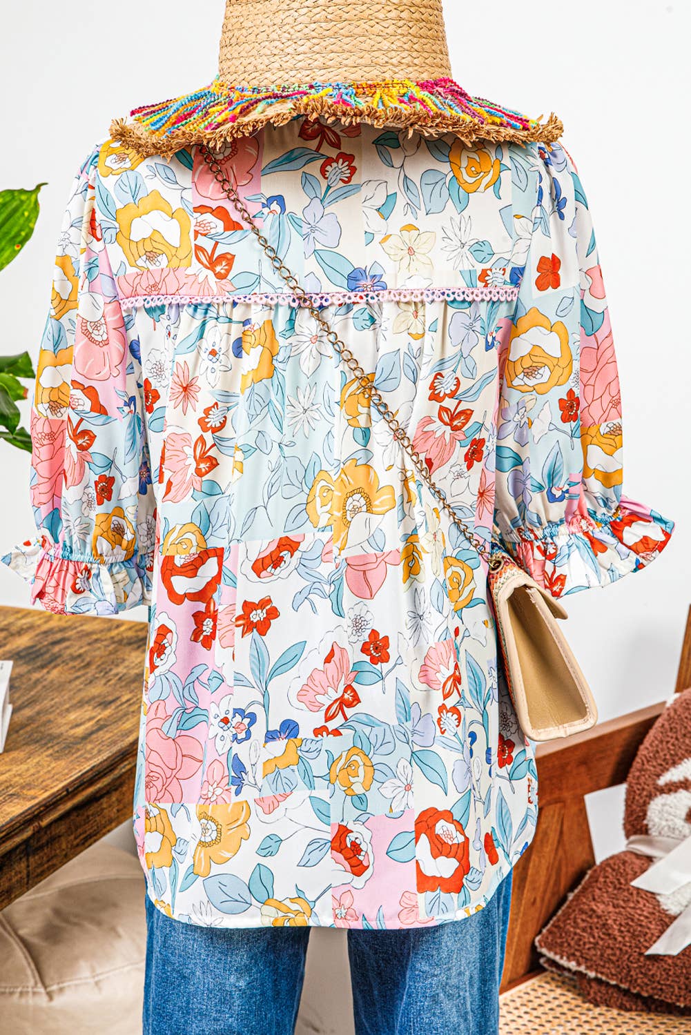 Fashion-W Boho Flower Print Half Puff Sleeve Blouse