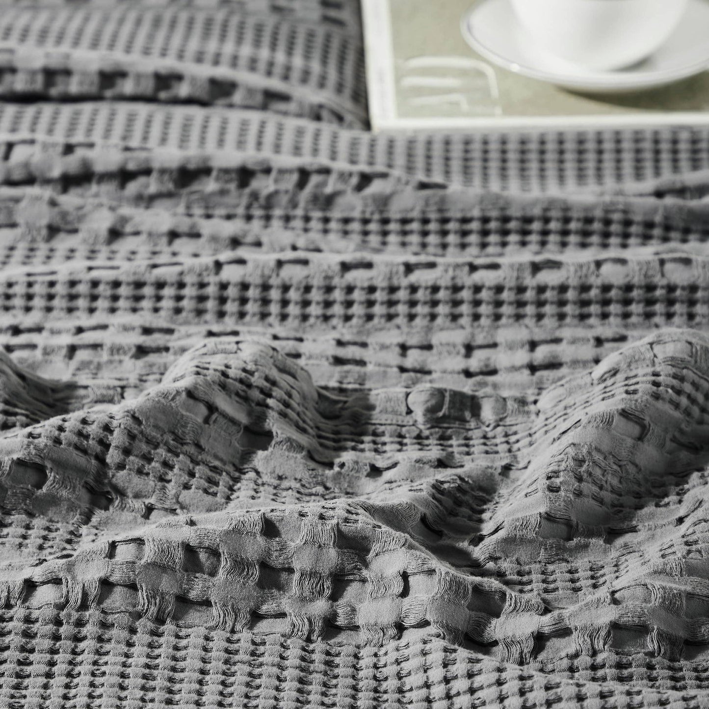 VHC Brands Waffle Weave Dark Gray Pillow Cover Set (2-Pack) 24x24 - Decorative Throw Pillow Covers for Farmhouse Boho Bedroom & Living Room Decor