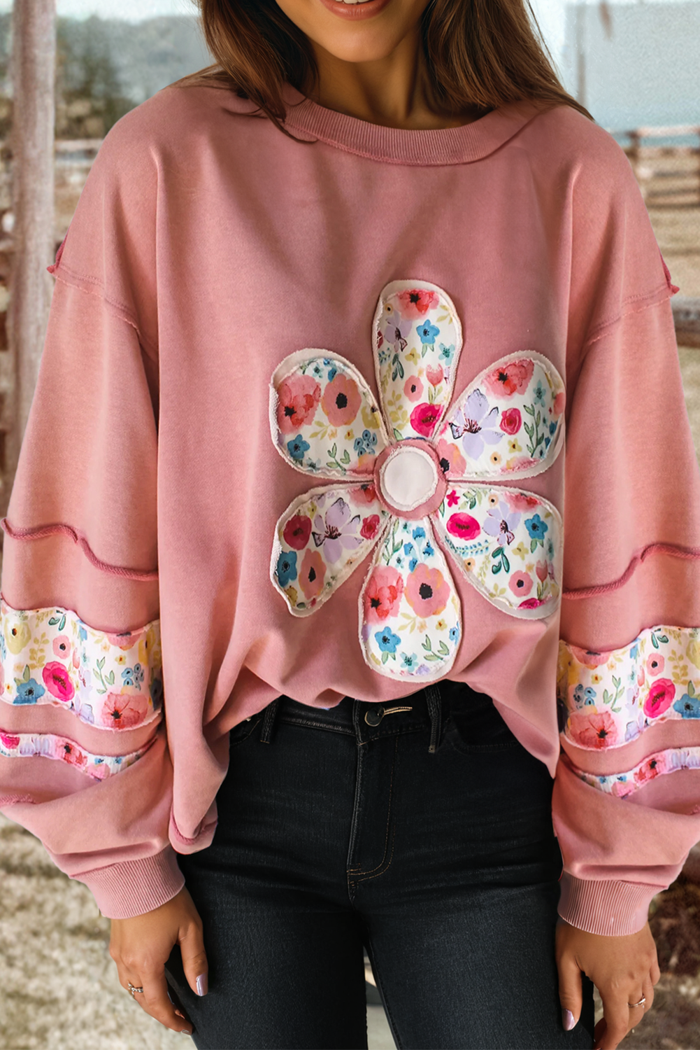 Flower Applique Patch Drop Sleeve Pullover Sweatshirt