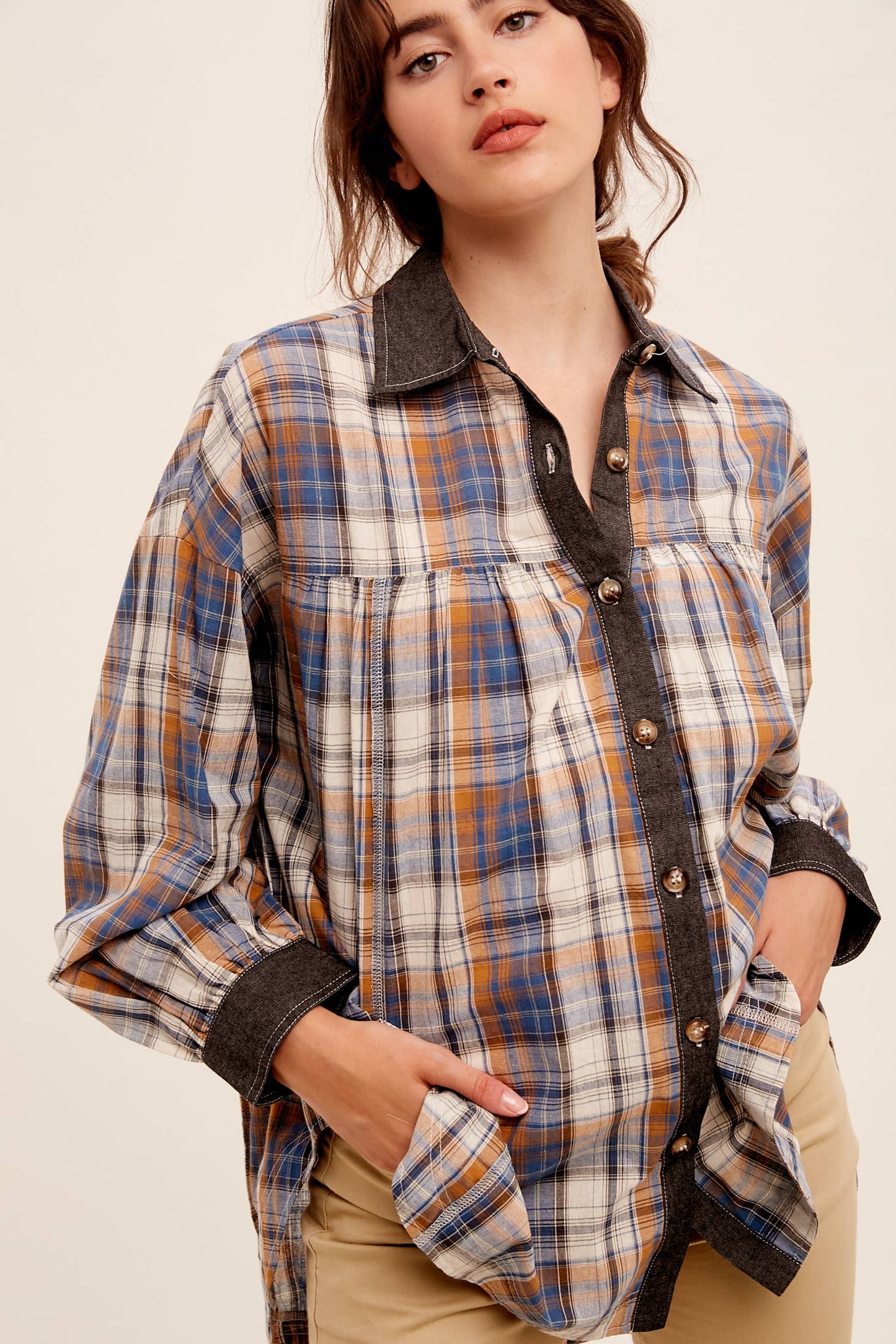 Mixed Plaid Oversized Button-Down Shirt LJ0205