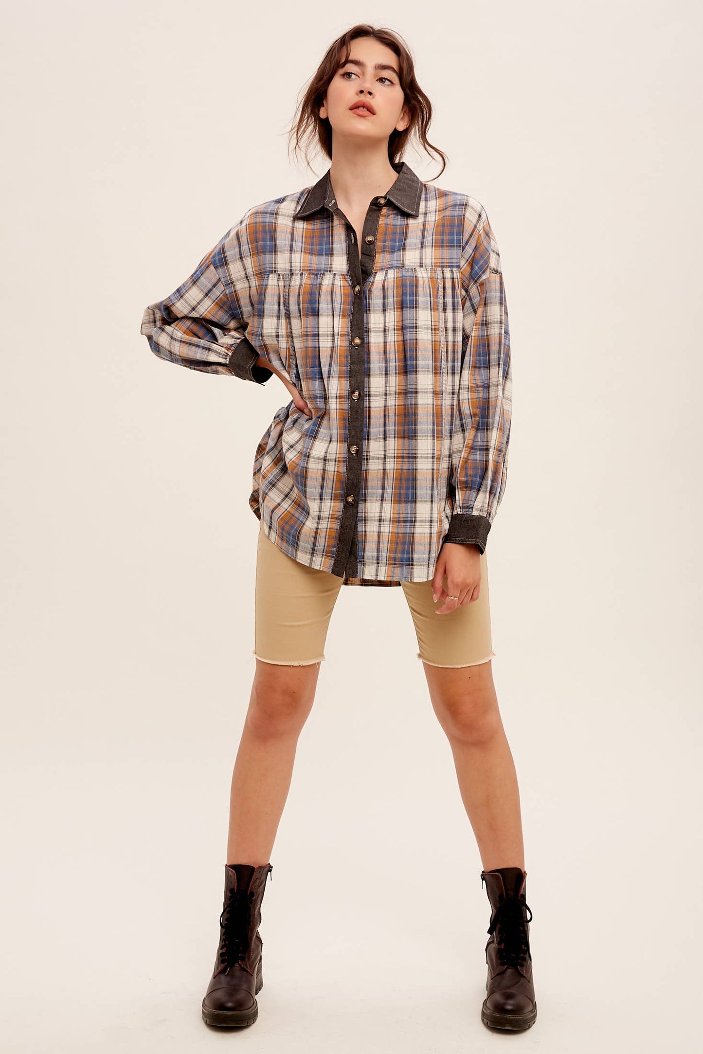 Mixed Plaid Oversized Button-Down Shirt LJ0205