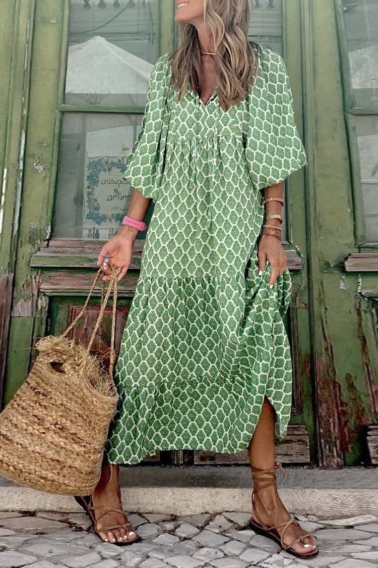 Bohemia Floral Balloon Sleeves loose flare swing dress