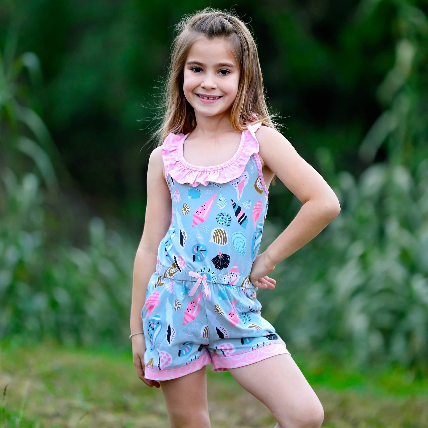 Girls Pink Sea Shells Beach Jumpsuit Summer Shorts Romper
